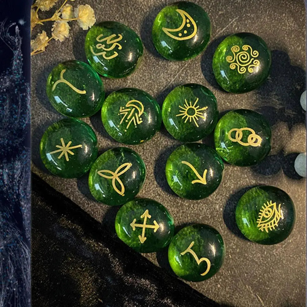 Green Rune Stones Set With Velvet Drawstring Bag For Healing Recover