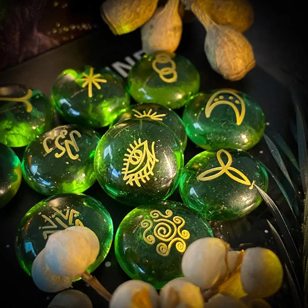 Green Rune Stones Set With Velvet Drawstring Bag For Healing Recover